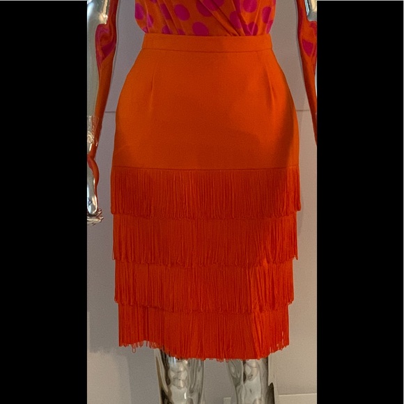Vintage Escada Orange Wool Skirt with Fringe Detailing - Picture 2 of 5